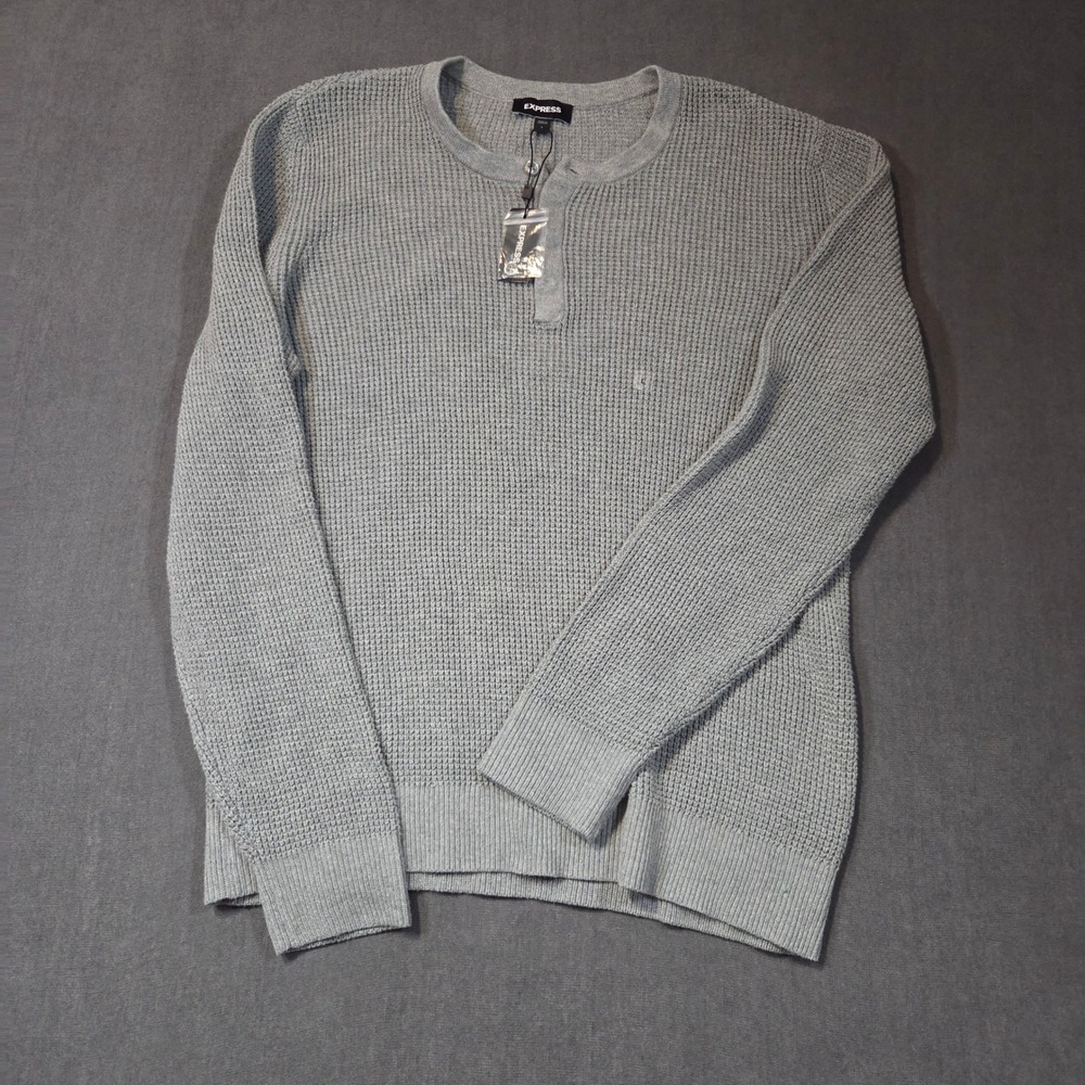 Express Henley Sweater Mens L Gray Waffle Knit Thermal Cotton Long Sleeve